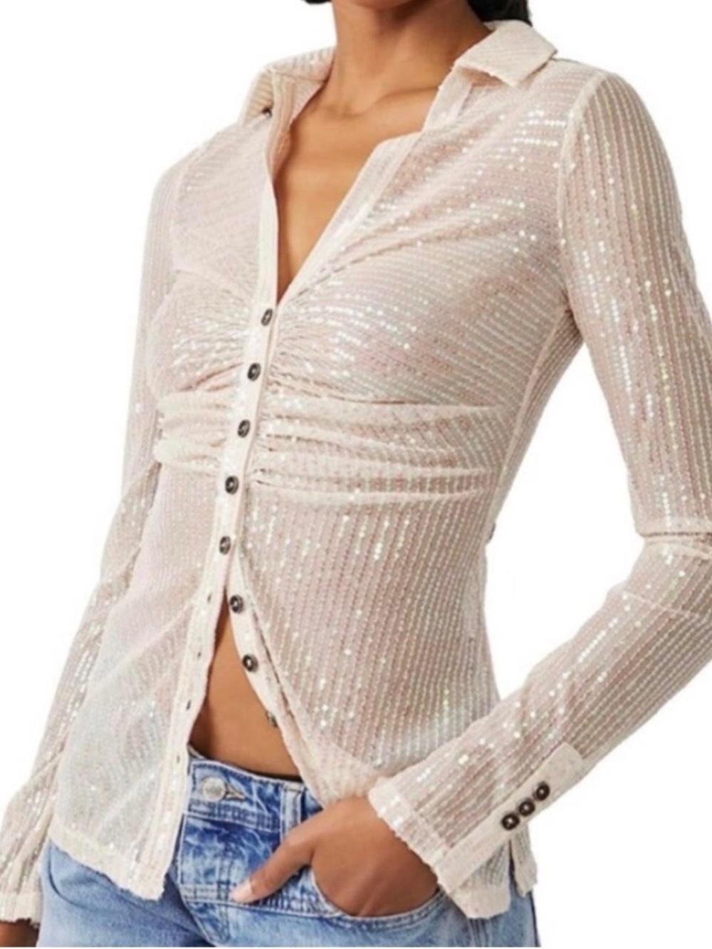 FREE PEOPLE- Sequin Ruched Button-Front Womens Top - Pink